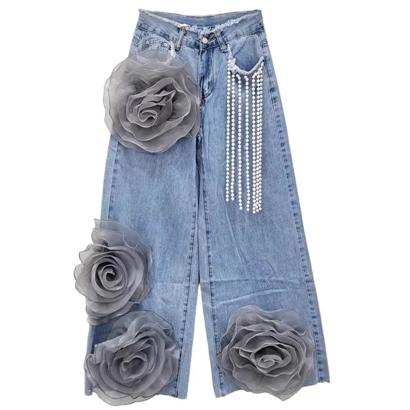 Women's High Waist Wide-Leg Casual Jeans Trousers Summer 2025 Loose Fit Joker Design Three-Dimensional Flower Wide-Leg Pants