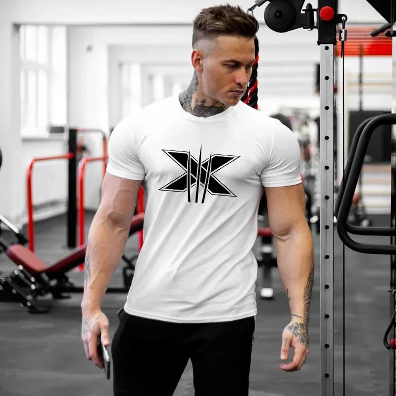 Men's Gym Fitness Clothing Man Cotton Sports Short Sleeve T-shirt Running Training Slim Printed Shirt Sweatshirt Casual Tops