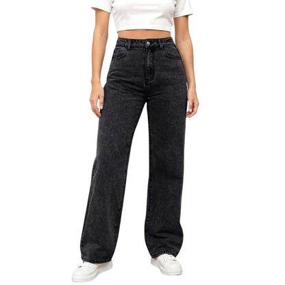 Women'S Straight Jeans Solid Color Distressed High Waist Design Retro Trousers American Hot Girl Style Pants Daily Street Wear
