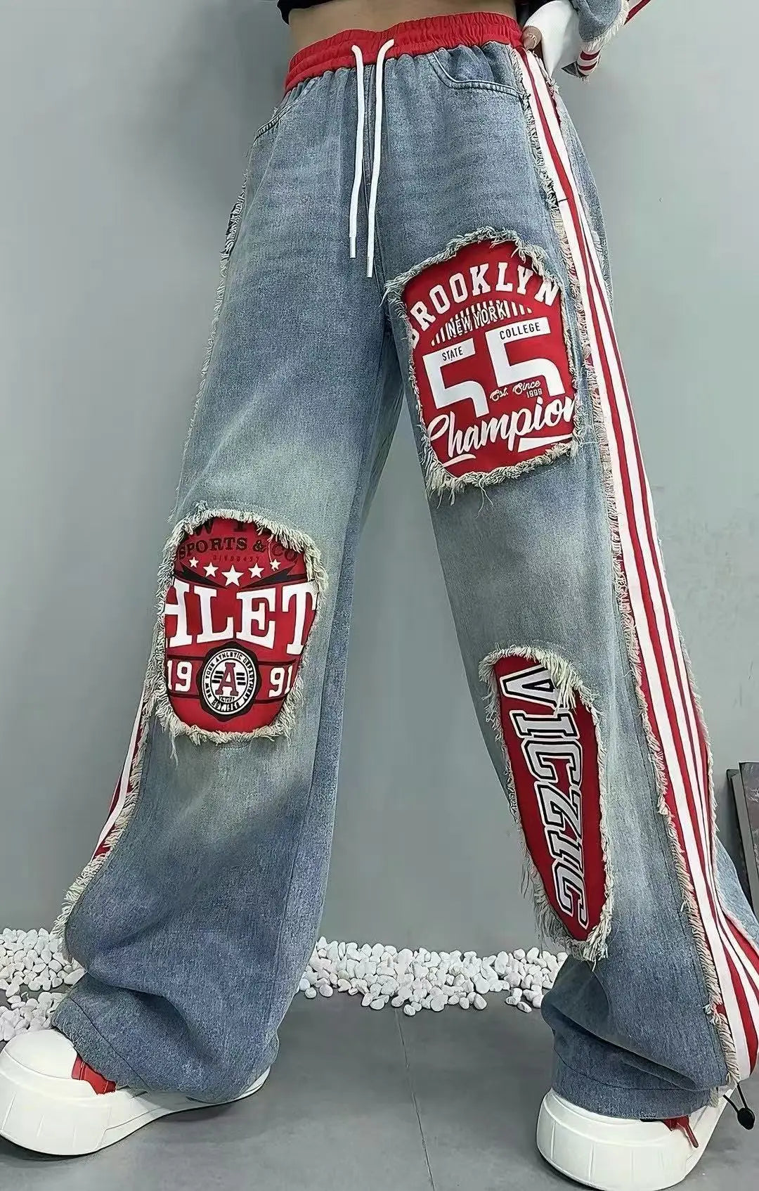 European Style Women's Jeans 2025 Autumn New Heavy-Duty Distressed Frayed Edge Letter Print Drawstring Long Pants Jeans Woman