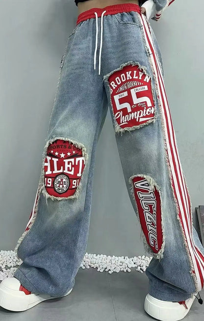 European Style Women's Jeans 2025 Autumn New Heavy-Duty Distressed Frayed Edge Letter Print Drawstring Long Pants Jeans Woman