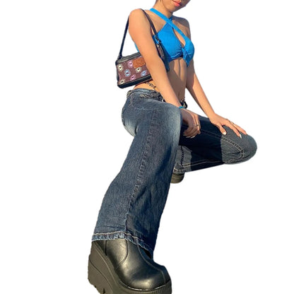 Women Y2K Hip Hop Denim Pants High Waist Relaxed Fit Washed New Fashion Wide Leg Jeans with Flap Pockets