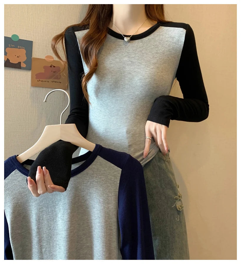 Spring Autumn Tops for Women Tshirt Turn Down Collar Long Sleeve Beige Blue Chic Y2k Fashion Patchwork 2025 T Shirts