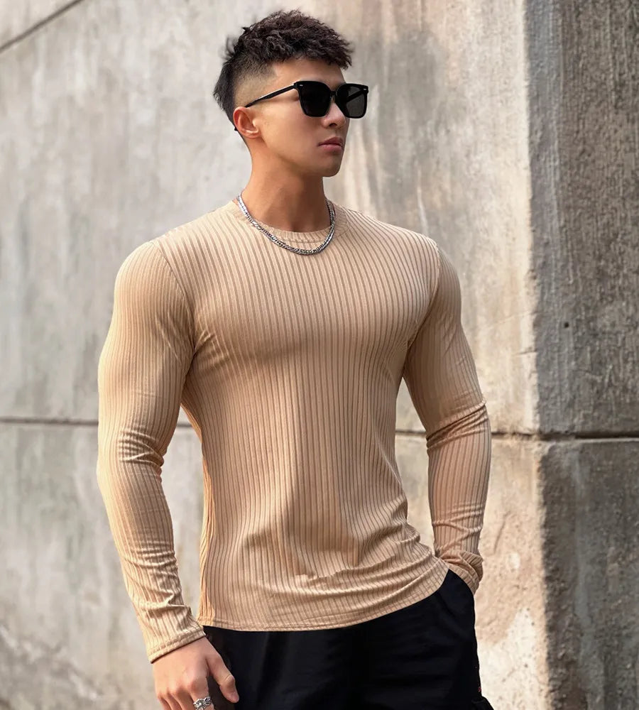 Gym Fitness T-shirt Men Casual Long Sleeve Skinny Shirt Male Bodybuilding Tees Tops Running Sports Quick Dry Training Clothing