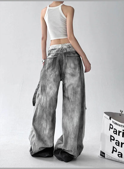 Women Tie Dye Ripped Jeans Woman Abandoned Soil Style Wide Leg Pants Summer Loose Workwear Denim Retro Vintage Trousers