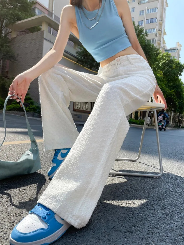 Ripped Jeans for Women Casual Streetwear New Spring Autumn High Waist Straight Leg Pants Fashion White Blue Denim Trousers