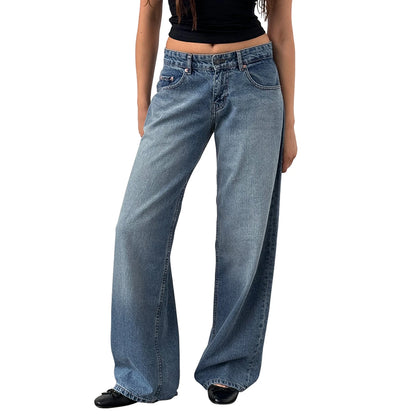 Women's versatile jeans, aesthetic solid color low rise zipper button trousers with pockets for everyday street wear