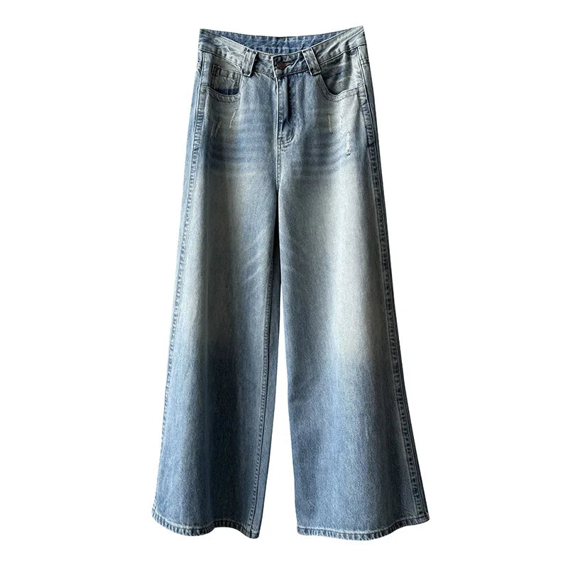Women's Retro High-waisted Wide-leg Jeans  Loose  Slimming  Drapey  Casual Floor-length Pants for Autumn and Winter