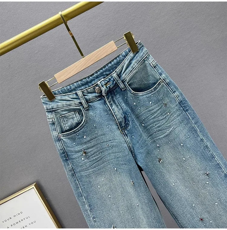 Fashion Women Blue Jeans High Waist Diamond Studded Straight Denim Pants Spring Summer Female Chic Trousers