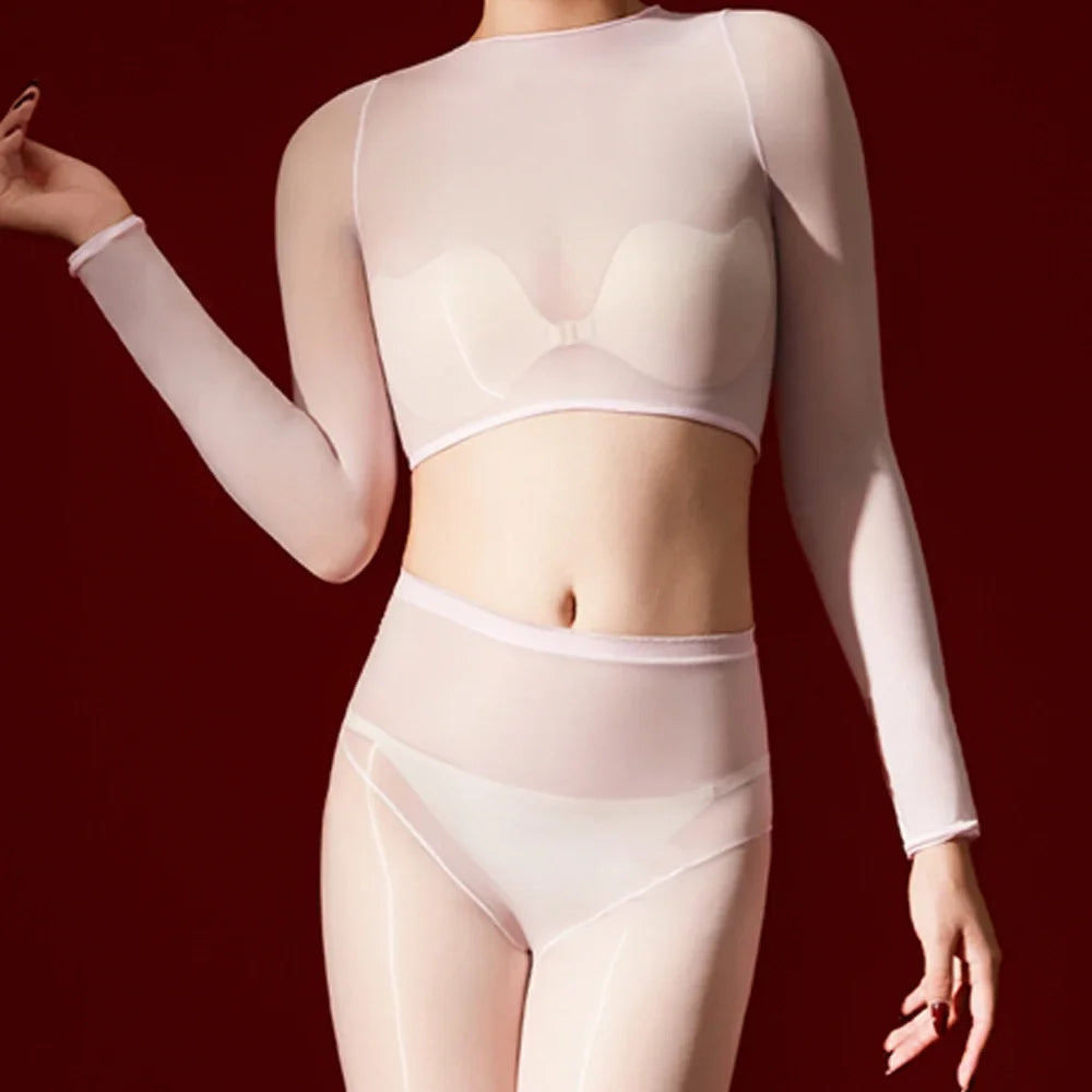 Women's 5D Ultrathin Crop Tops Elastic Shaping Oil Shiny Sheer See Through T-shirts Woman Clothing Summer Shirts Yoga Tops