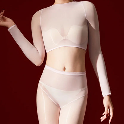 Women's 5D Ultrathin Crop Tops Elastic Shaping Oil Shiny Sheer See Through T-shirts Woman Clothing Summer Shirts Yoga Tops