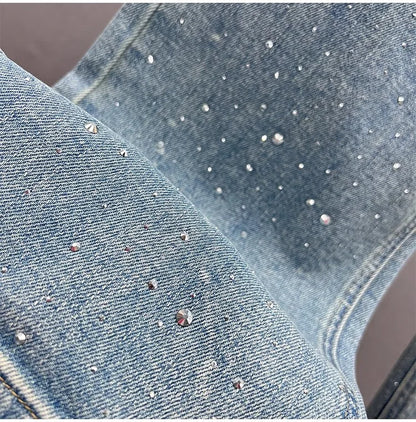 Fashion Women Blue Jeans High Waist Diamond Studded Straight Denim Pants Spring Summer Female Chic Trousers