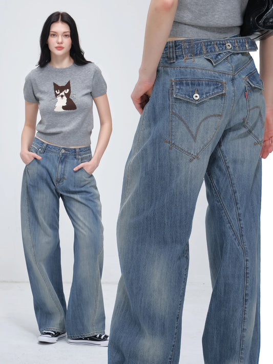 Vintage American-Style Washed Jeans for Women, Mid-Low Waist Design, Loose Wide-Leg, Height-Enhancing, Washed Blue Jeans, Paris Buckle Adjustable Three-Dimensional Arc-Shaped Knife-Cut Trousers