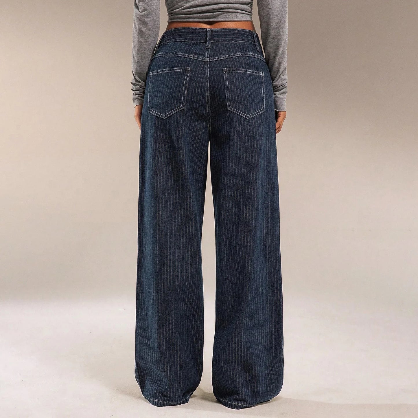 Women Mid Waist Jeans Spring Autumn Daily Matching Comfy Loose Wide Leg Trousers Fashion Stripe Straight Leg Denim Fabric Pants