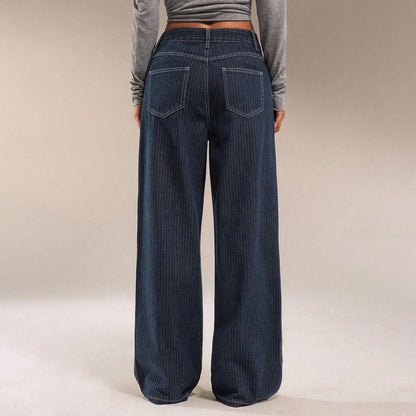 Women Mid Waist Jeans Spring Autumn Daily Matching Comfy Loose Wide Leg Trousers Fashion Stripe Straight Leg Denim Fabric Pants