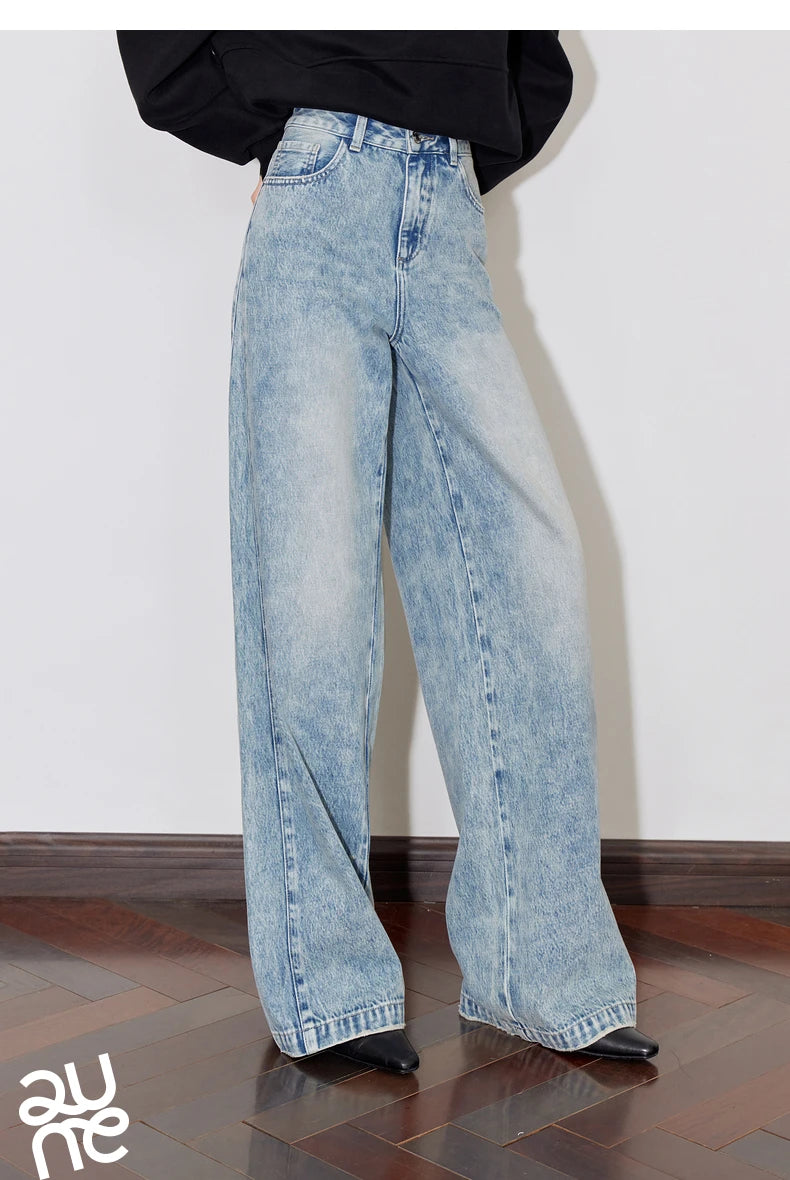 TOYOUTH Women Denim Jeans 2024 Autumn Winter New Mide Waist Straight Wide Leg Long Pants