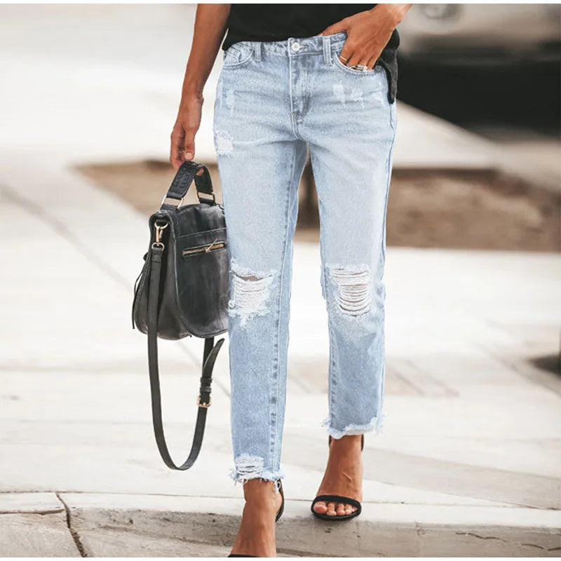 Casual Straight Jeans Women High Waisted Washed Skinny Ripped Slim Denim Pants 2025 Autumn Fashion Trend Commute Lady Trousers