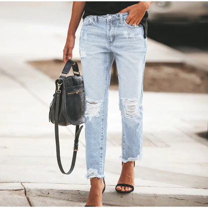 Casual Straight Jeans Women High Waisted Washed Skinny Ripped Slim Denim Pants 2025 Autumn Fashion Trend Commute Lady Trousers