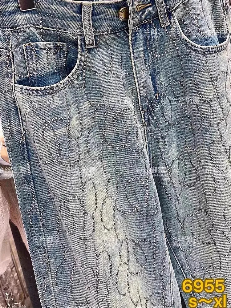 Blue Heavy Embellied Design Women's Jeans Loose Fit Straight Leg Wide Leg Pants Versatile Slimming Spring Summer New Arrival