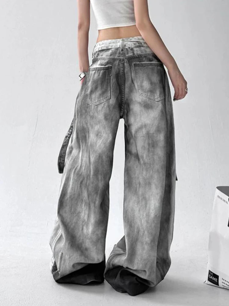 Women Tie Dye Ripped Jeans Woman Abandoned Soil Style Wide Leg Pants Summer Loose Workwear Denim Retro Vintage Trousers