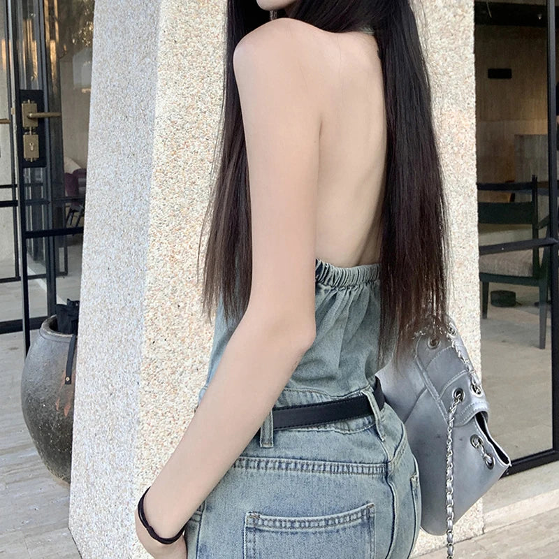 Women's Casual Denim Overalls Vintage Button Down Sexy Backless Holes Hollow Out Ripped Denim Full Pants Female 2024 New Jeans