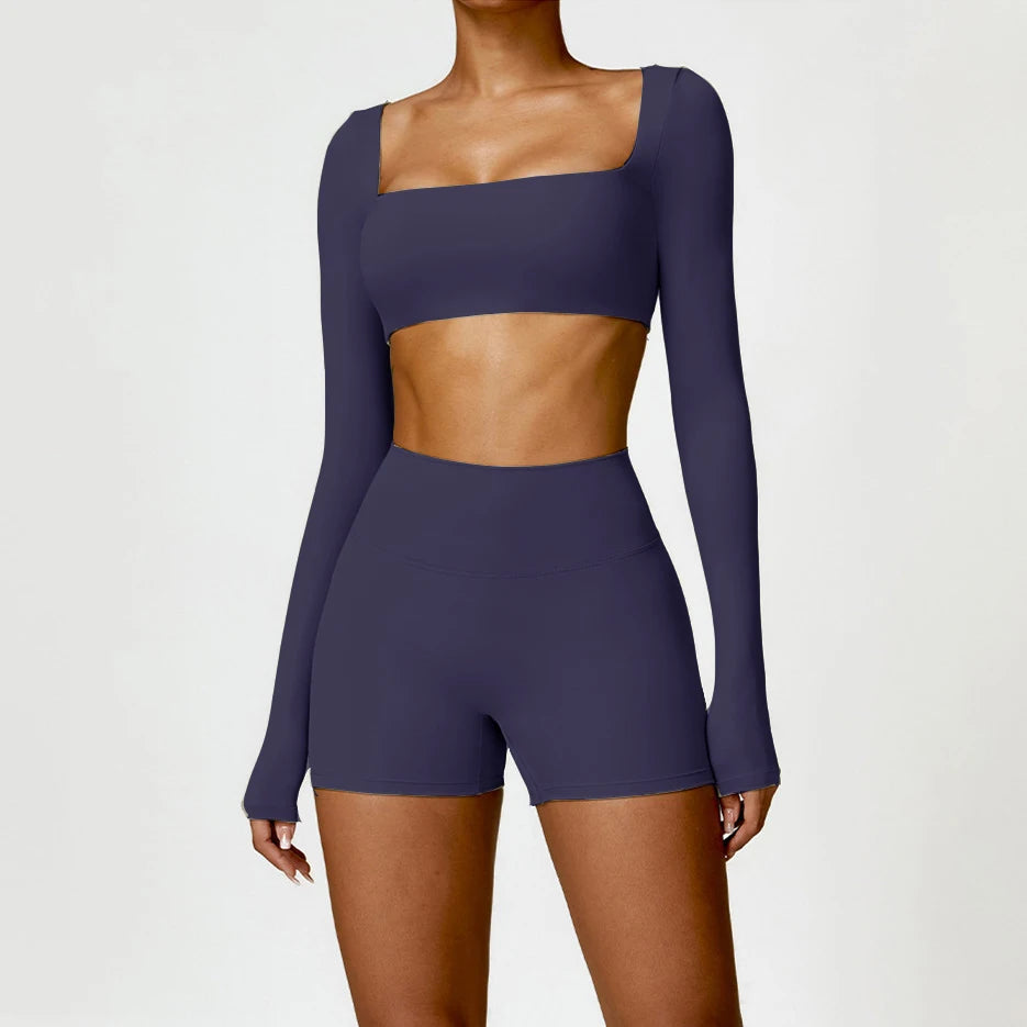 Yoga Clothes 2PCS Gym Set Sports Shorts Set Women Long Sleeved High Waist Shorts Fitness Suit Running Workout Tracksuit XP133