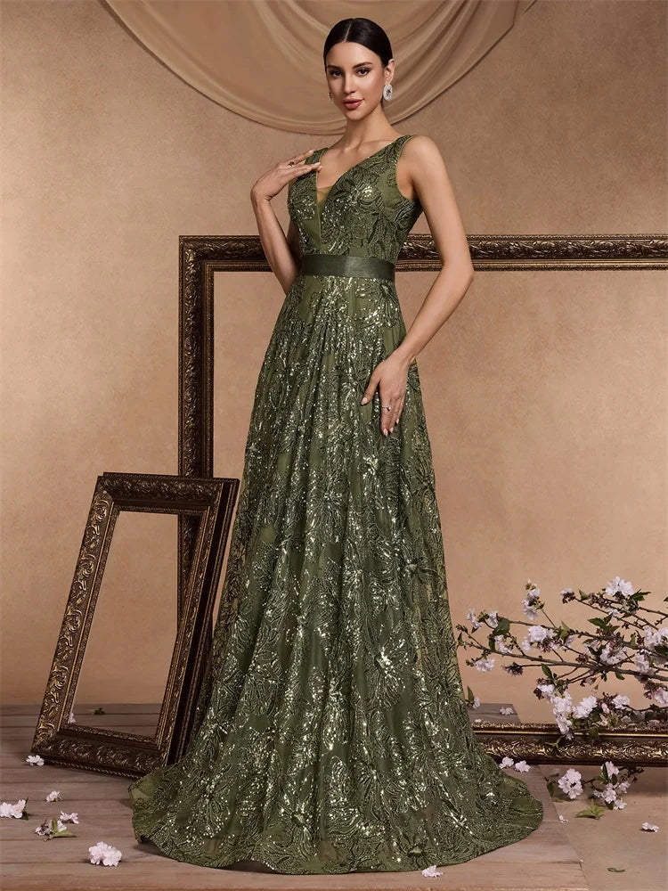 Luxury Sexy Deep V-Neck Sequins Blue Evening Dresses Women Elegant V-back Wedding Party Long Prom Cocktail Dress