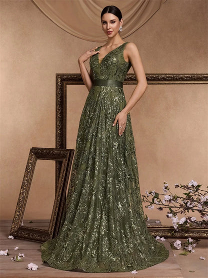 Luxury Sexy Deep V-Neck Sequins Blue Evening Dresses Women Elegant V-back Wedding Party Long Prom Cocktail Dress