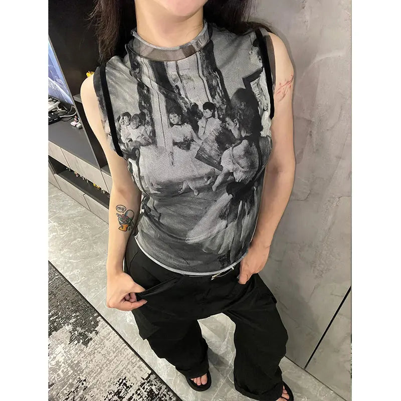 Genayooa Y2k Vintage Tank Tops Women Print Mesh Tops See Through Streetwear Sleeveless Tops Patchwork 2000s Japanese Tee Tops