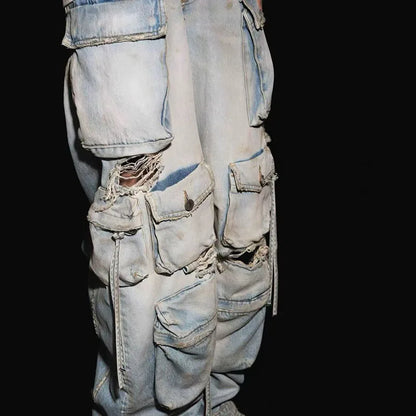 Women's jeans 2025 Winter new low waisted slim fit pure cotton wide leg pants Retro ripped cargo pants Multi pocket denim pants