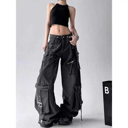 Women Vintage Black Gothic Cargo Jeans Streetwear Multi Pocket Retro Denim Pants 2025 Autumn High Street Wide Leg Trousers