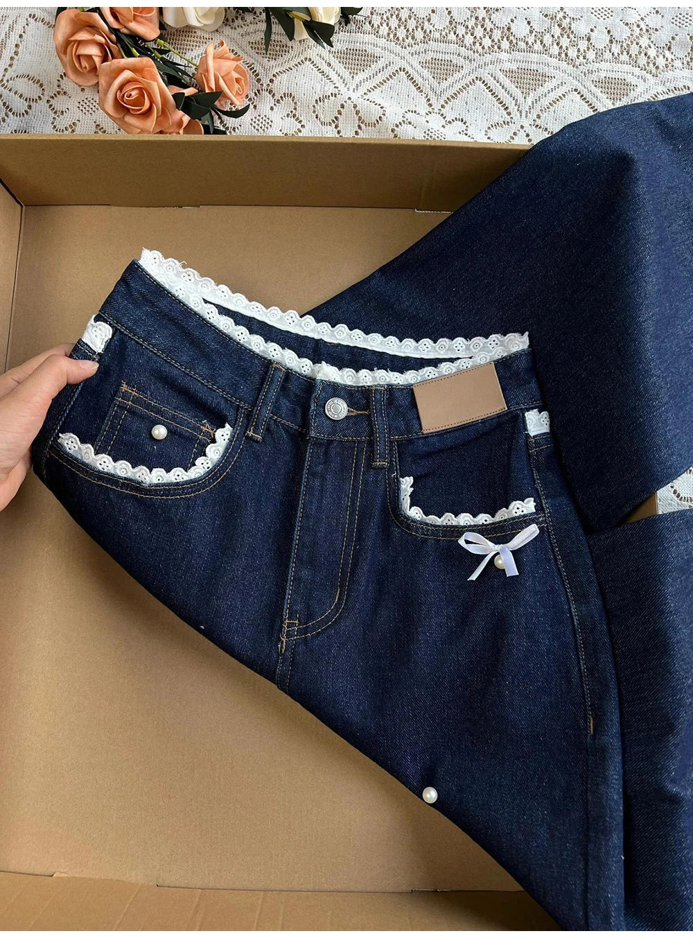 Retro Dark Blue Denim Pants for Women Spring Autumn Sweet Lace Bow Jeans Female American Style Straight Loose Wide Leg Pants