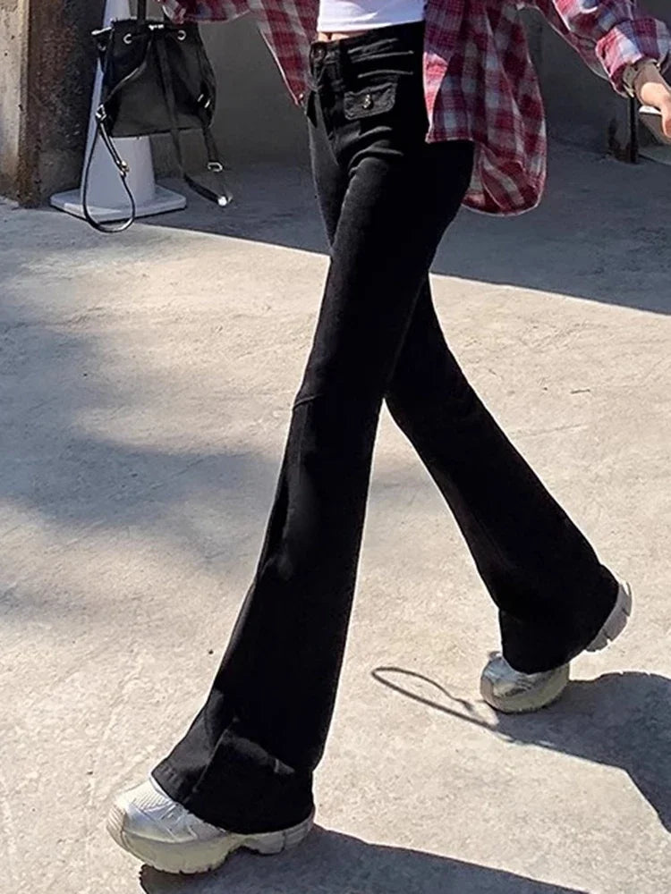 Woman New High Waist Fashion Flare Jeans Female Slim Fit Designer Denim Bell Bottom Pants Girls Retro Blue Black Gray Trousers