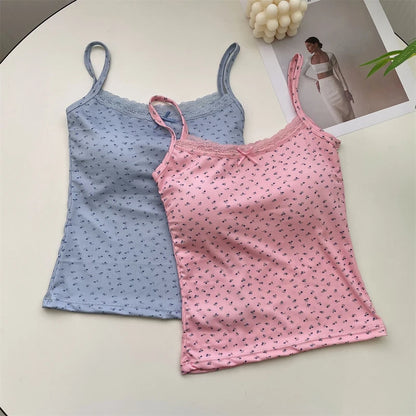 Women Floral Bow Knot Tops Summer Casual Sleeveless Ice Silk Bra Tops With Pad Sweet Lace Vest With Chest Cushion T Shirts 2024