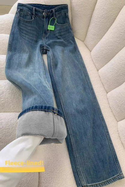 Jeans Women's Autumn and Winter Narrow Version Warm Wide-leg Velvet High-waisted Floor-mopping Pants Thickened Loose Retro