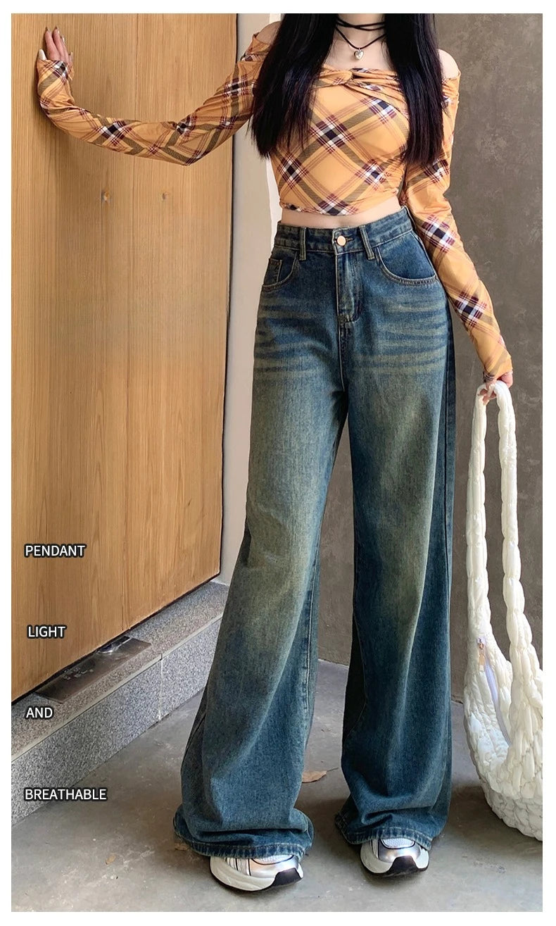 Women's Jeans Denim Pants 2025 Euramerican High Waist Girl Style Jean Trousers Colorful Straight Leg Wide Leg Pants