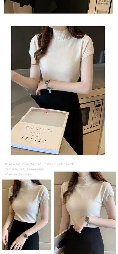 Womens Tops And Blouses Summer Short Sleeve Blouse Women Blusas Mujer De Moda 2023 Turtleneck Knitted Blouse Shirt Tops