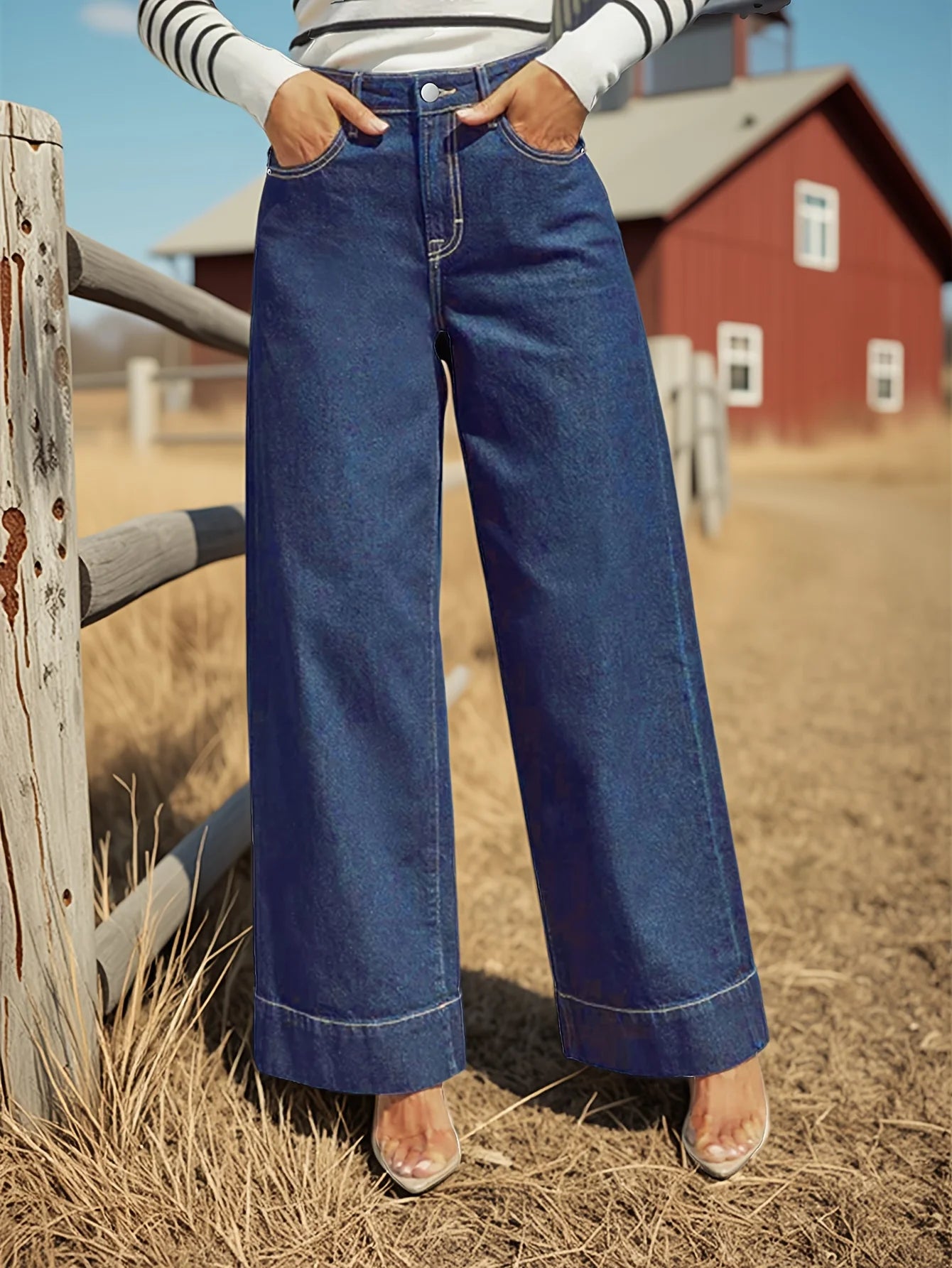 2025 New Women's High Rise Straight Jeans - Classic dark blue washed stretch jeans with button placket, elegant and intellectual