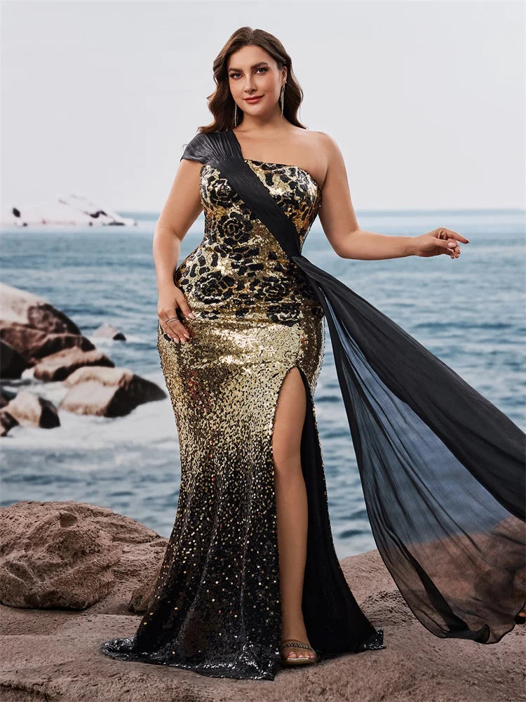 BLUEPLUM Plus Size Elegant off-shoulder Sleeveless Evening Dresses Luxurious Slit Wedding Party Mermaid Ribbon Cocktail Gowns