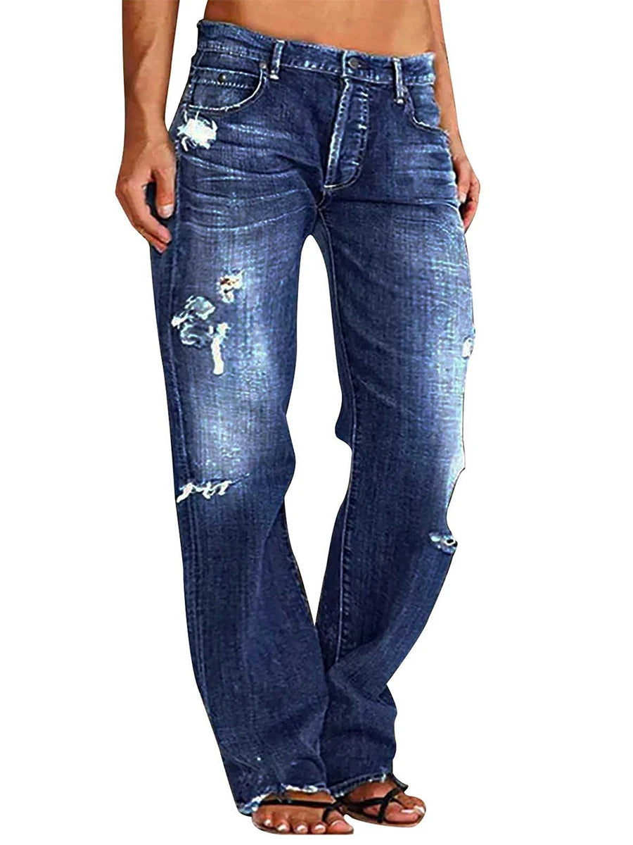 Women Men Denim Pants Casual Ripped Loose Straight Leg Jeans Trousers Trendy Bottoms for Streetwear