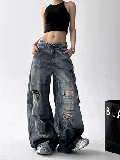 Women Tie Dye Ripped Jeans Woman Abandoned Soil Style Wide Leg Pants Summer Loose Workwear Denim Retro Vintage Trousers