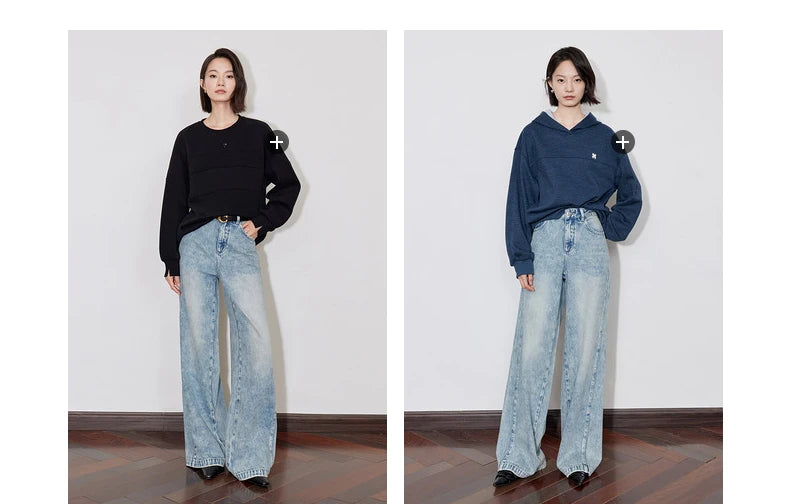 TOYOUTH Women Denim Jeans 2024 Autumn Winter New Mide Waist Straight Wide Leg Long Pants