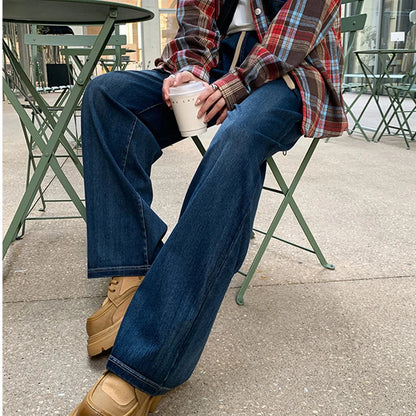 Women's Deep Blue High Waist Denim Pants 2025 Summer Casual Loose Drawstring Jeans Simple Pocket Straight Wide Leg Denim Pants