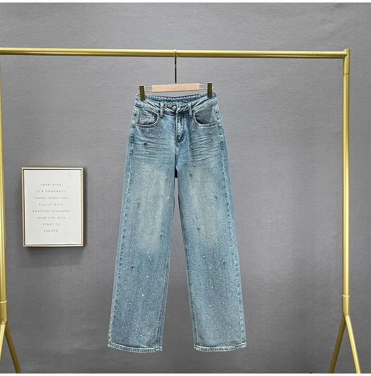 Fashion Women Blue Jeans High Waist Diamond Studded Straight Denim Pants Spring Summer Female Chic Trousers