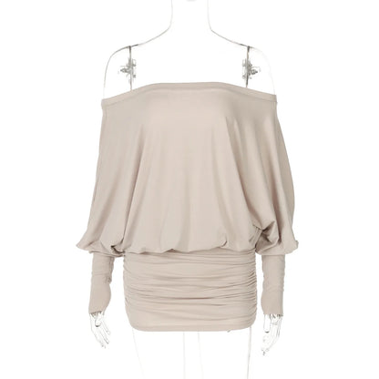 Fashion Off Shoulder Sheer Mini Dress Outfits For Women Hot Sexy Long Sleeve Ruched Party Dresses Bodycon Solid Color Robe Femme