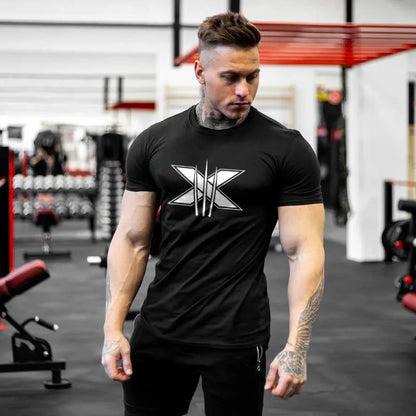 Men's Gym Fitness Clothing Man Cotton Sports Short Sleeve T-shirt Running Training Slim Printed Shirt Sweatshirt Casual Tops