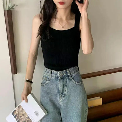 2025 Spring Women Crop Tops Strapy Casual Camis Sleeveless Tank Tops Cute Casual Tops Plain Camis Square Tops for Women Korean