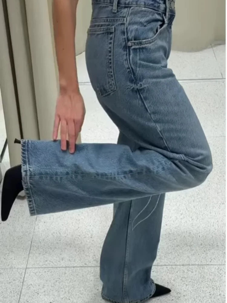 2025 Women Diamonds Denim Jeans Solid Loose Straight Long Pants Woman Casual High Waisted Pockets Streetwear Baggy Trousers