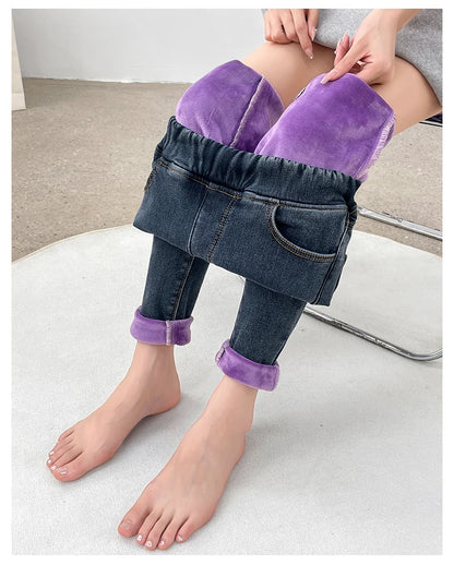 Women's Winter Jeans Fleece Warm Slim Pencil Trousers Elastic Waist Thicken Velvet Comfortable Mom Denim Pants Female