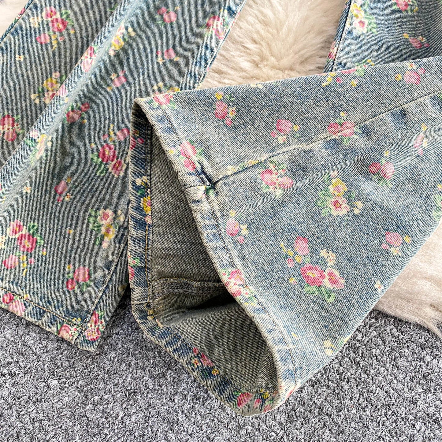 Women's Fashion Floral Print Denim Pants Colorful Flower Wide Leg Trousers Female Spring Autumn Versatile High Waist Blue Jeans